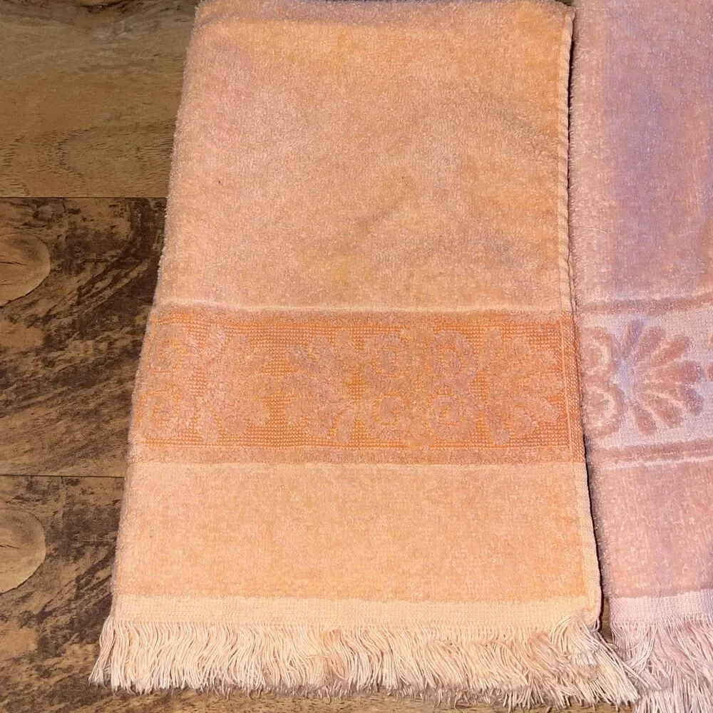 Vtg Cannon Monticello Santa Cruz Hand Towel Set Peach Pink Sculpted Fringe